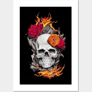 Flaming Skull and Roses Posters and Art